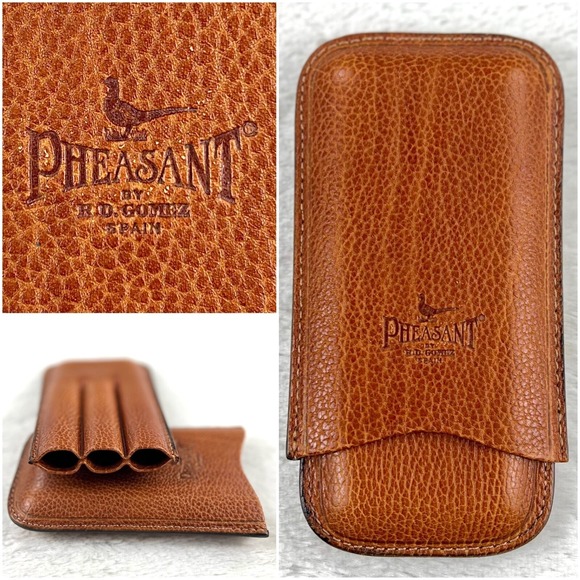 Pheasant Leather 3 Cigar Case R.D. Gomez Spain Brown Pebble Grain Handmade - Picture 1 of 10